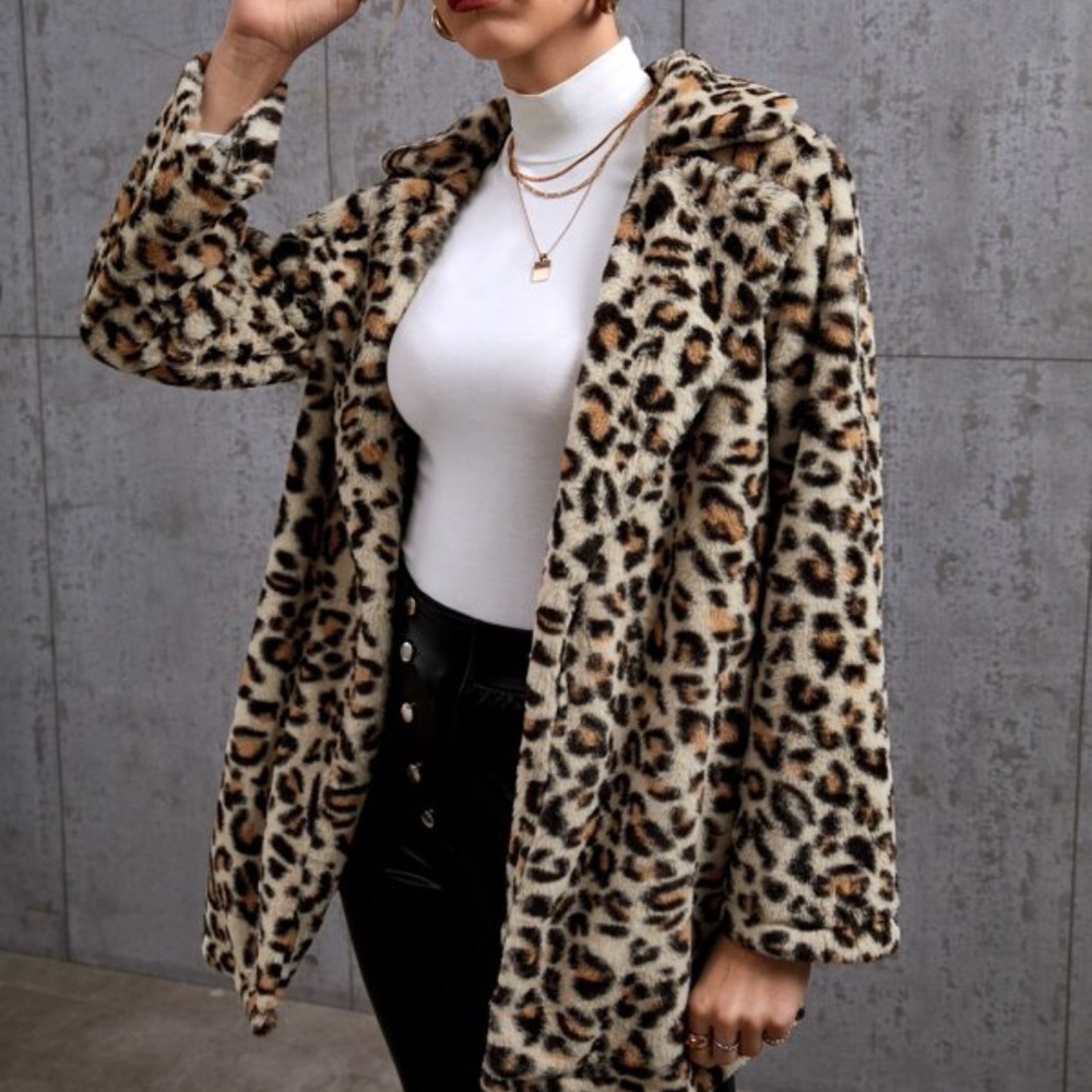 Cream Leopard Print Teddy Open Front Jacket Coat - Picture 3 of 5